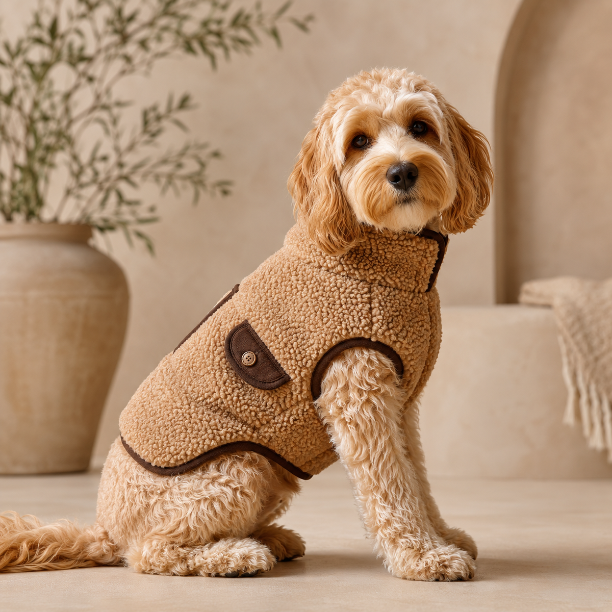 QECUPORA™ Heritage Teddy Fleece Pet Jacket – Warm Sherpa Dog Coat, Cozy Puppy Outerwear with Easy Snap Closure