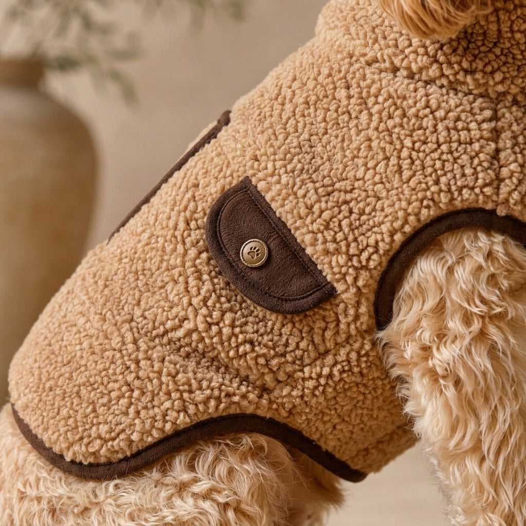QECUPORA™ Heritage Teddy Fleece Pet Jacket – Warm Sherpa Dog Coat, Cozy Puppy Outerwear with Easy Snap Closure