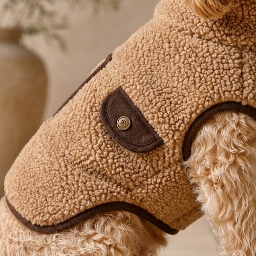 QECUPORA™ Heritage Teddy Fleece Pet Jacket – Warm Sherpa Dog Coat, Cozy Puppy Outerwear with Easy Snap Closure